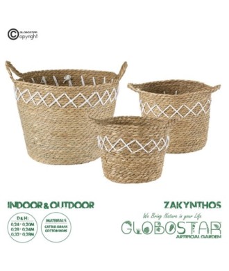GloboStar® Artificial Garden ZAKYNTHOS 20336 ΣΕΤ 3 Διακοσμητικά Πλεκτά Καλάθια - Κασπώ Γλάστρες - Flower Pots Μπεζ με Μακραμέ A:Φ24cm x Υ20cm B:Φ28cm x Υ24cm C:Φ32cm x Υ28cm